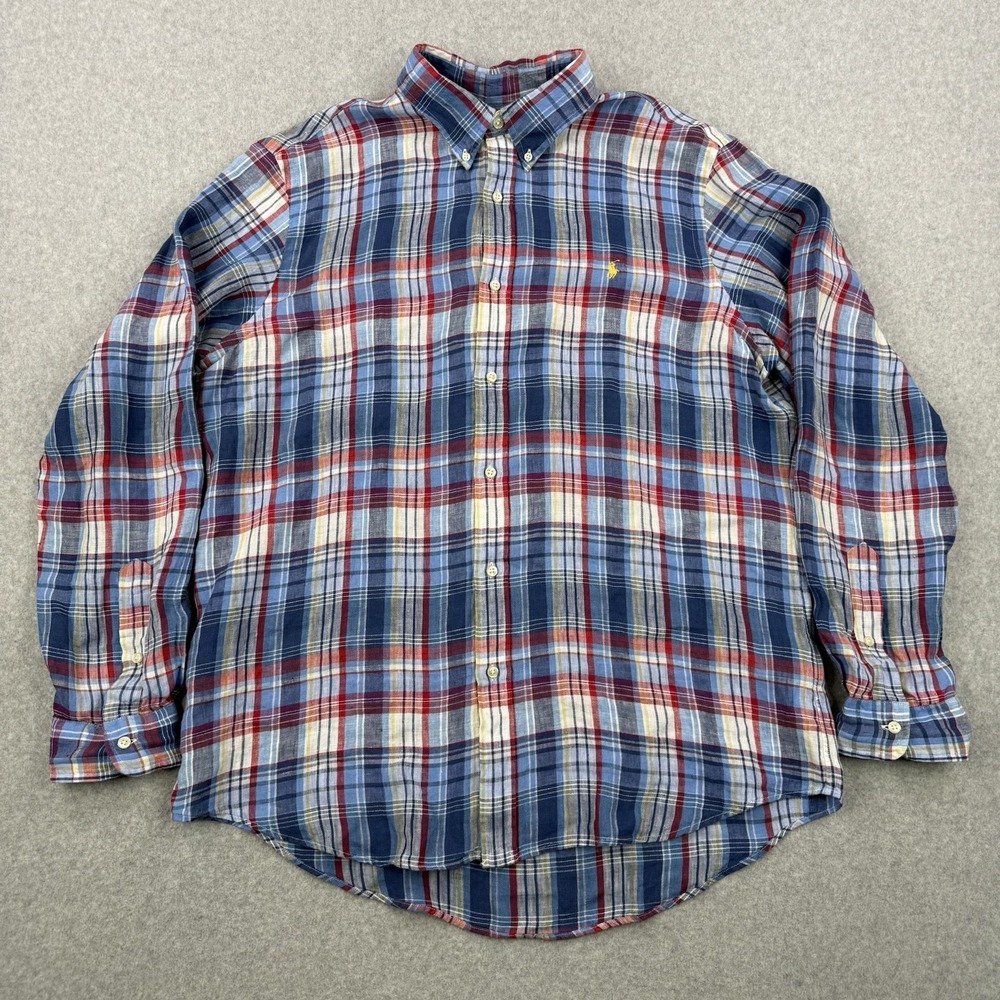 Polo Ralph Lauren Shirt Mens XL Blue Plaid Linen Preppy Button Down Long Sleeve